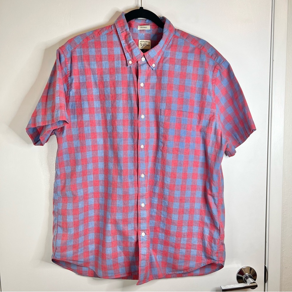 J.Crew Men's Red/Pink and Blue Checkered Shirt XL